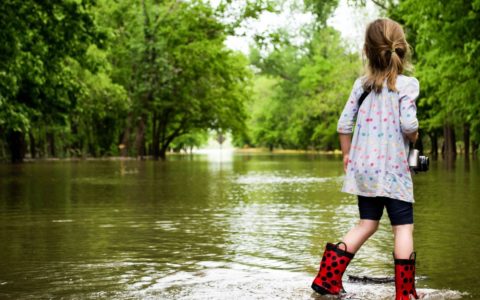 A young girl in rain boots walks through floodwater, looking at green flooded trees