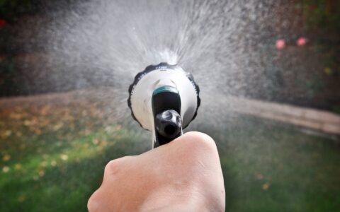 Close-up of a hand holding a garden hose nozzle with water coming out in a spray.