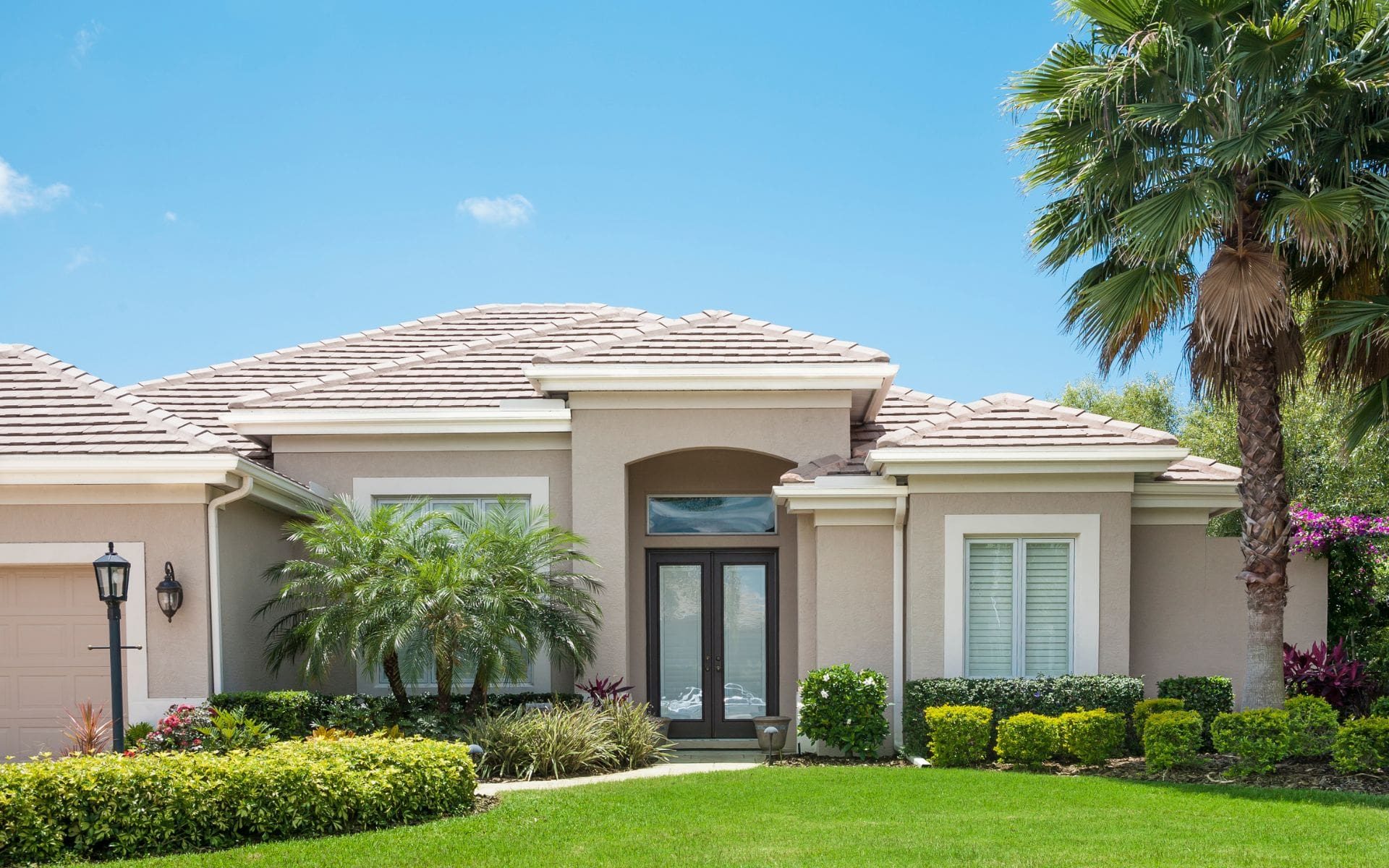 A home in South Florida with green lawn, palm trees, and shrubs.