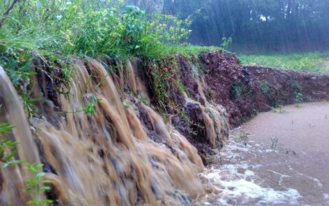 Water running off the edge of a lawn after heavy rain, with soil visibly eroding and dirt crumbling away from the grass line.