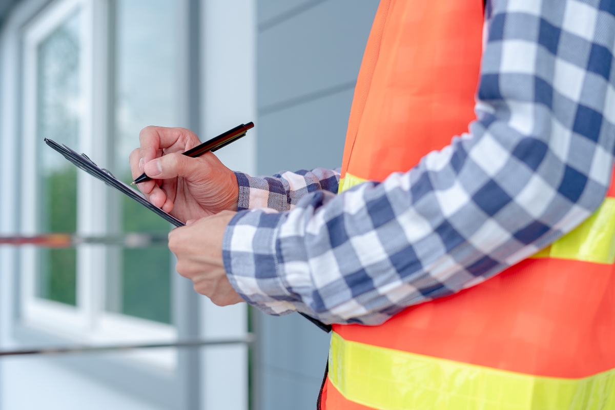 Professional arborist in orange safety vest and plaid shirt taking notes on clipboard during property assessment.